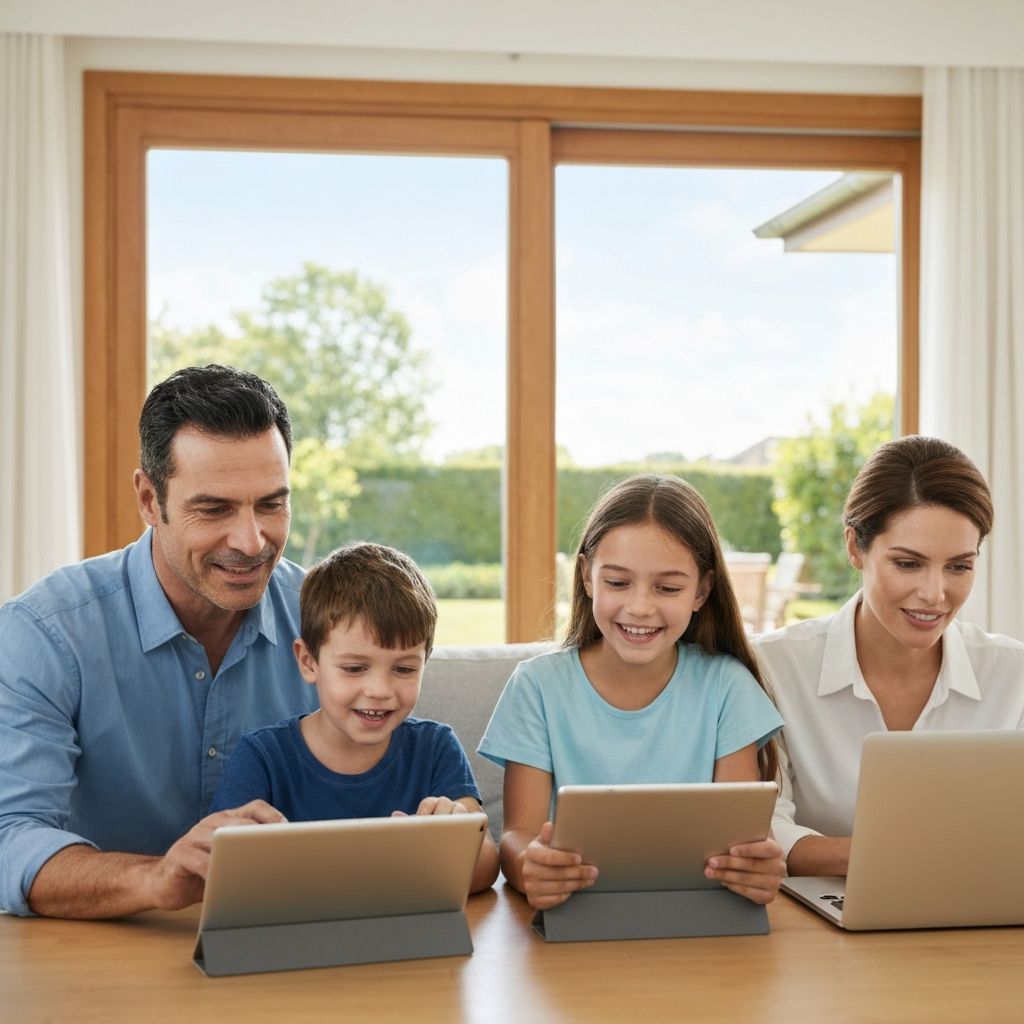 Familia usando dispositivos digitales de manera responsable